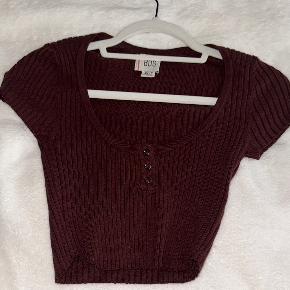 BDG Brown Ribbed Fitted Crop T-Shirt